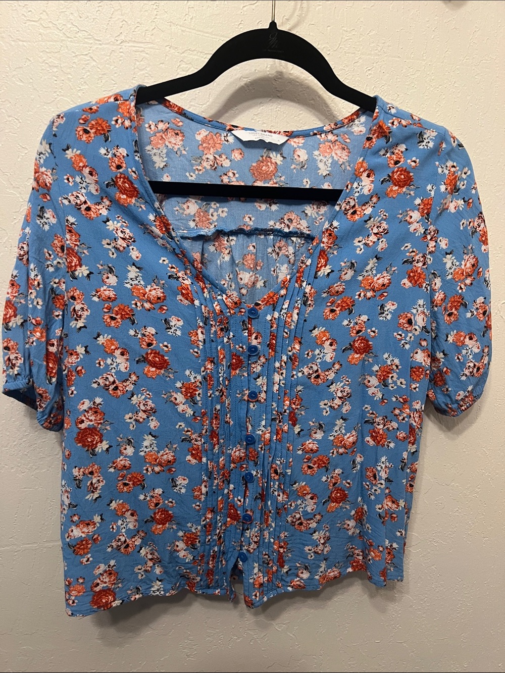 Lucky Brand Blue Floral Button-Front Blouse with Orange Accents
